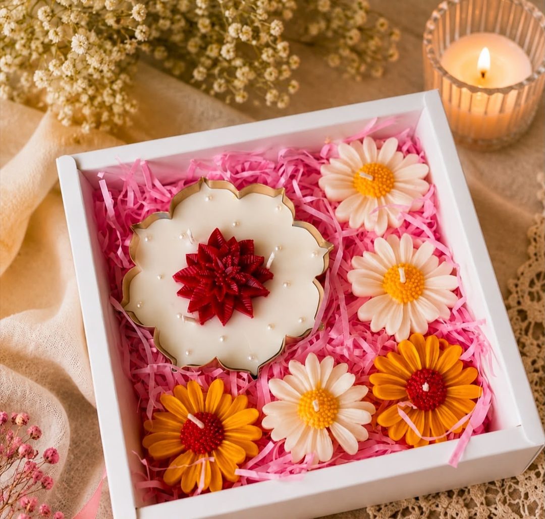 Phoolon Ka Coffret — Daisy Blooms Gift Set handmade soy candle by Ivaan & Co.
